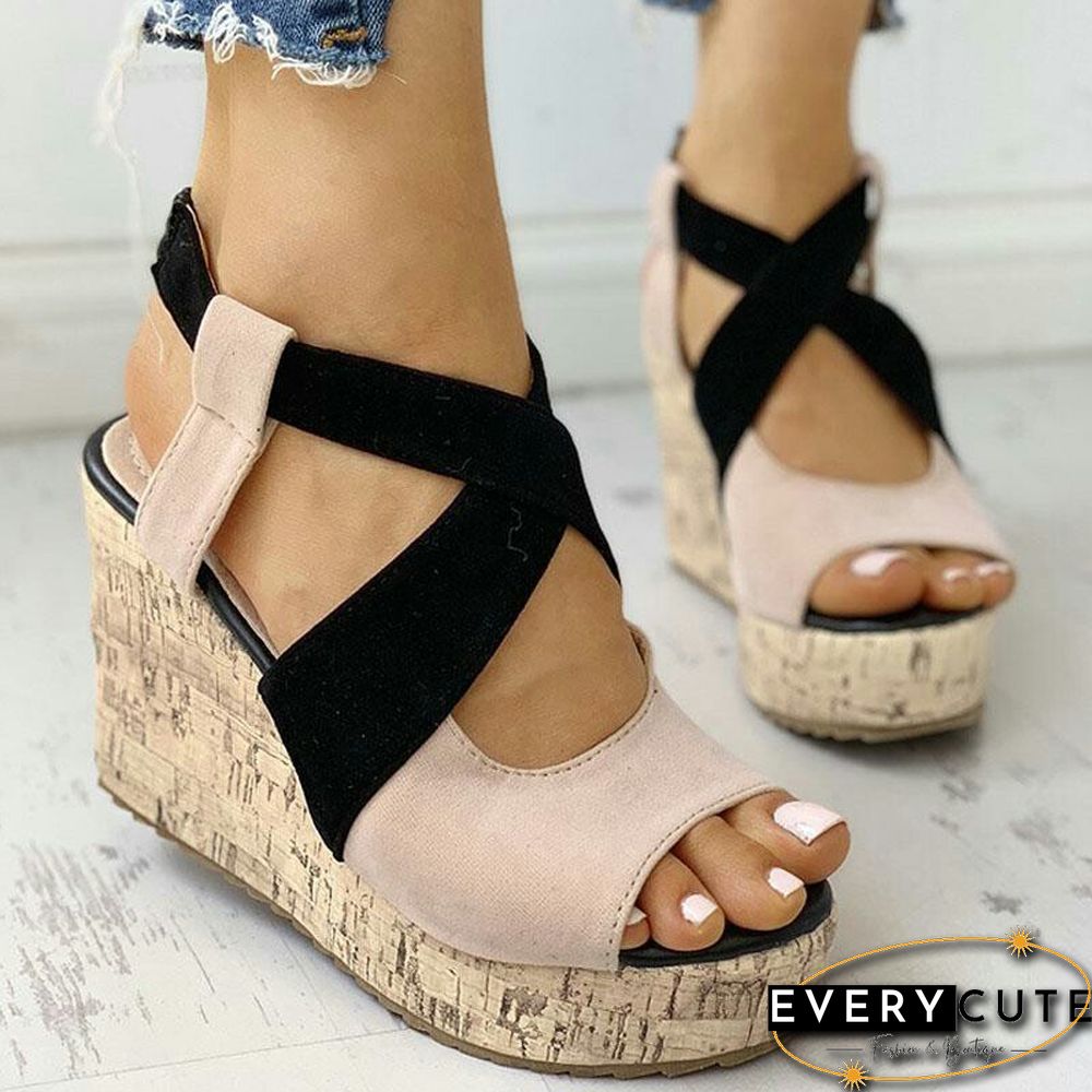 Womens Sandals-Summer Casual Platform Shoes-Open Toe Buckle Wedge Solid Mid Pumps Heel
