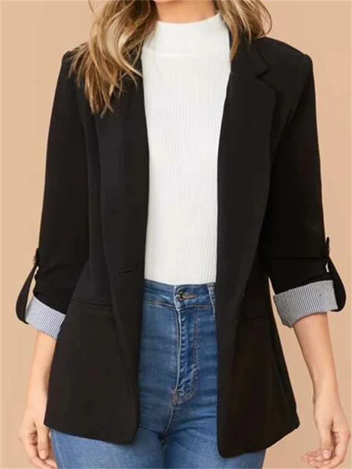Women's Fall and Winter Fashion Splicing Lapel Slim Cardigan Temperament Suit Solid Color Jacket-JRSEE