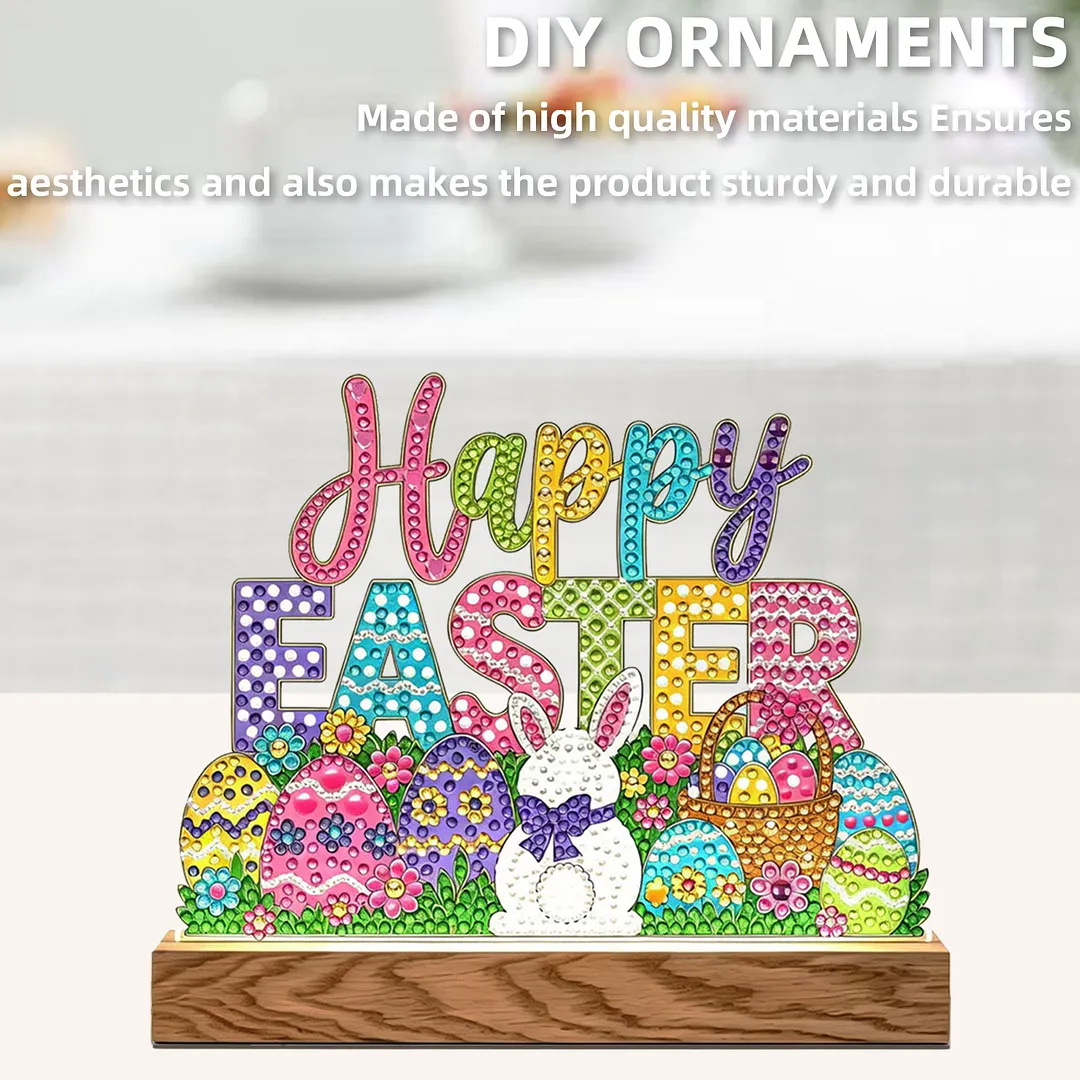 Easter DIY Acrylic Diamond Painting Night Light for Adults Beginner Diamond Art Table Lamp with Wooden Base for Woman Man Desk Bedroom Tabletop Decor