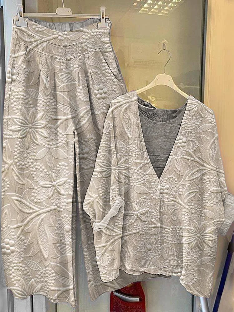 Women's Floral Textured Print V-Neck Top Wide-Leg Pants Cotton Linen Suit