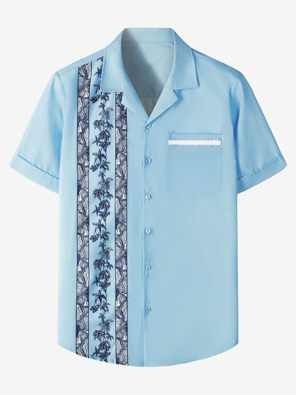Men's Floral Print 50s Rockabilly Style Retro Bowling Summer Beach Light Blue Short Sleeve Shirt