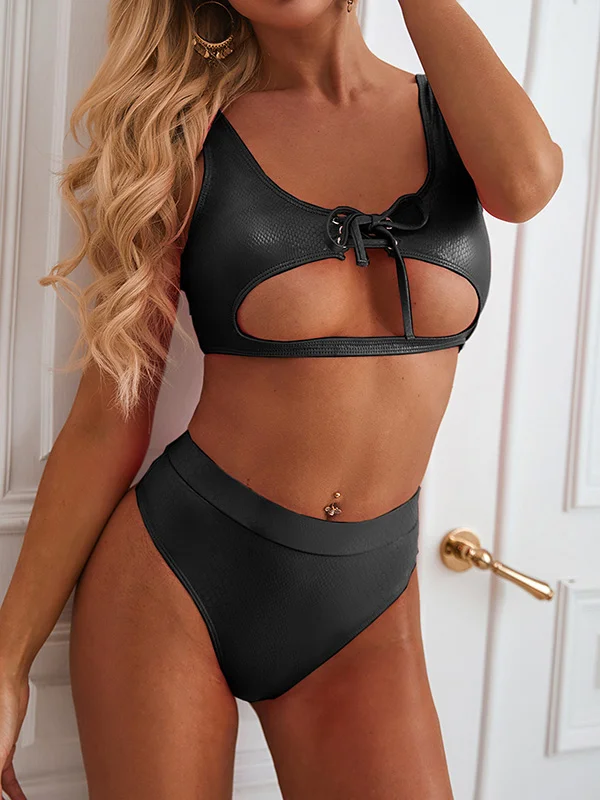 Sexy Sleeveless Bandage Hollow High Waisted Bikini Swimwear
