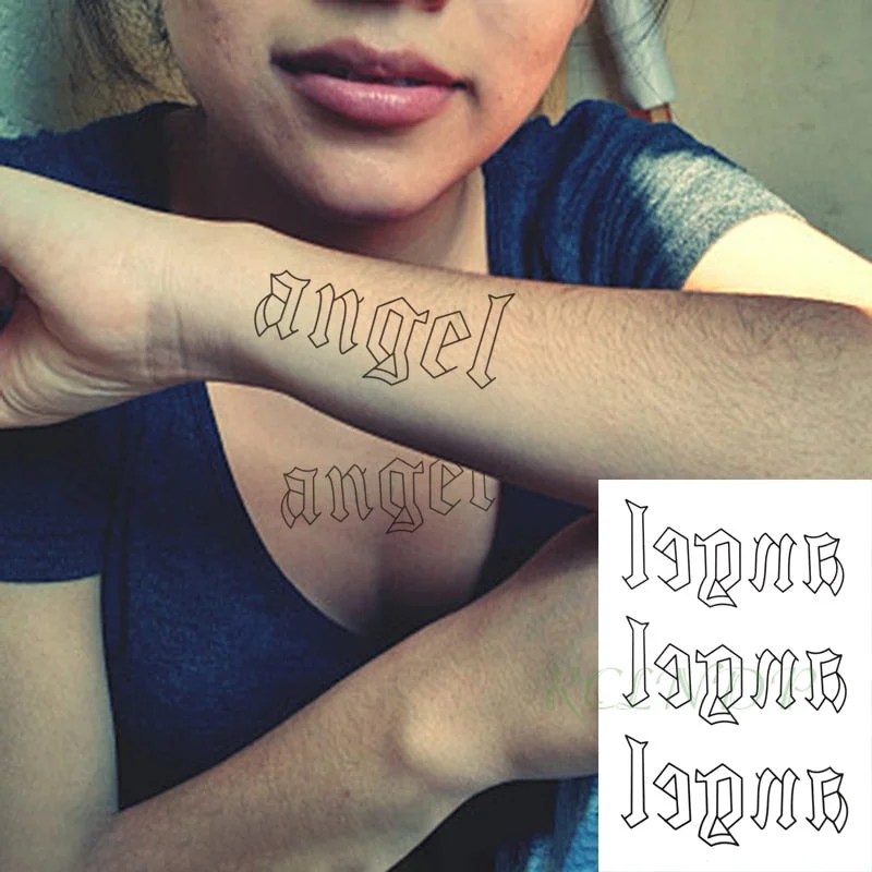 Waterproof Temporary Tattoo Sticker Black Word angel English Letters Flash Tatoo Fake Tatto Neck Wrist for Woman Men