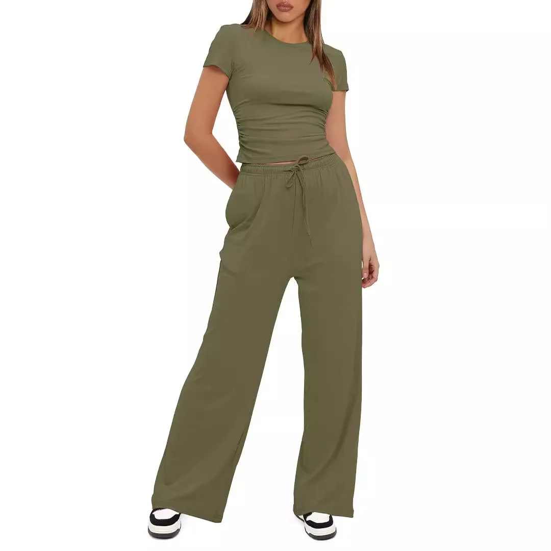 Nigikala Nigikala Suit Folding 2025 New Solid Short-Sleeved Top High-Rise Broad Leg Pants Sportswear