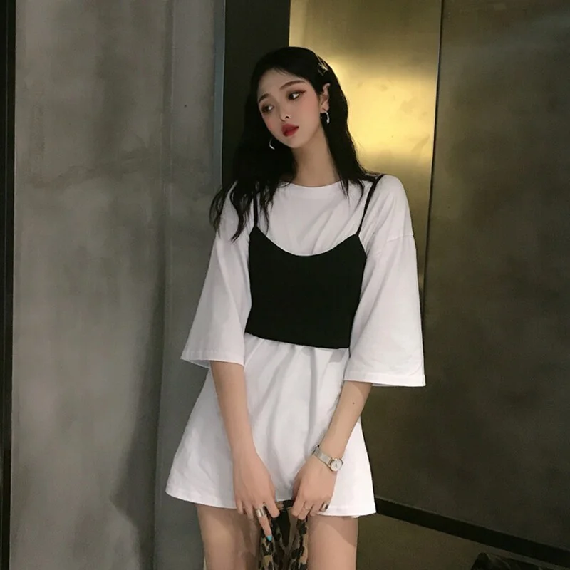 Tanguoant Women Sets White Loose Simple Long Tees Sexy Bow Solid Camis Girls Stylish Street-wear Fashion Korean-style Casual Ulzzang New