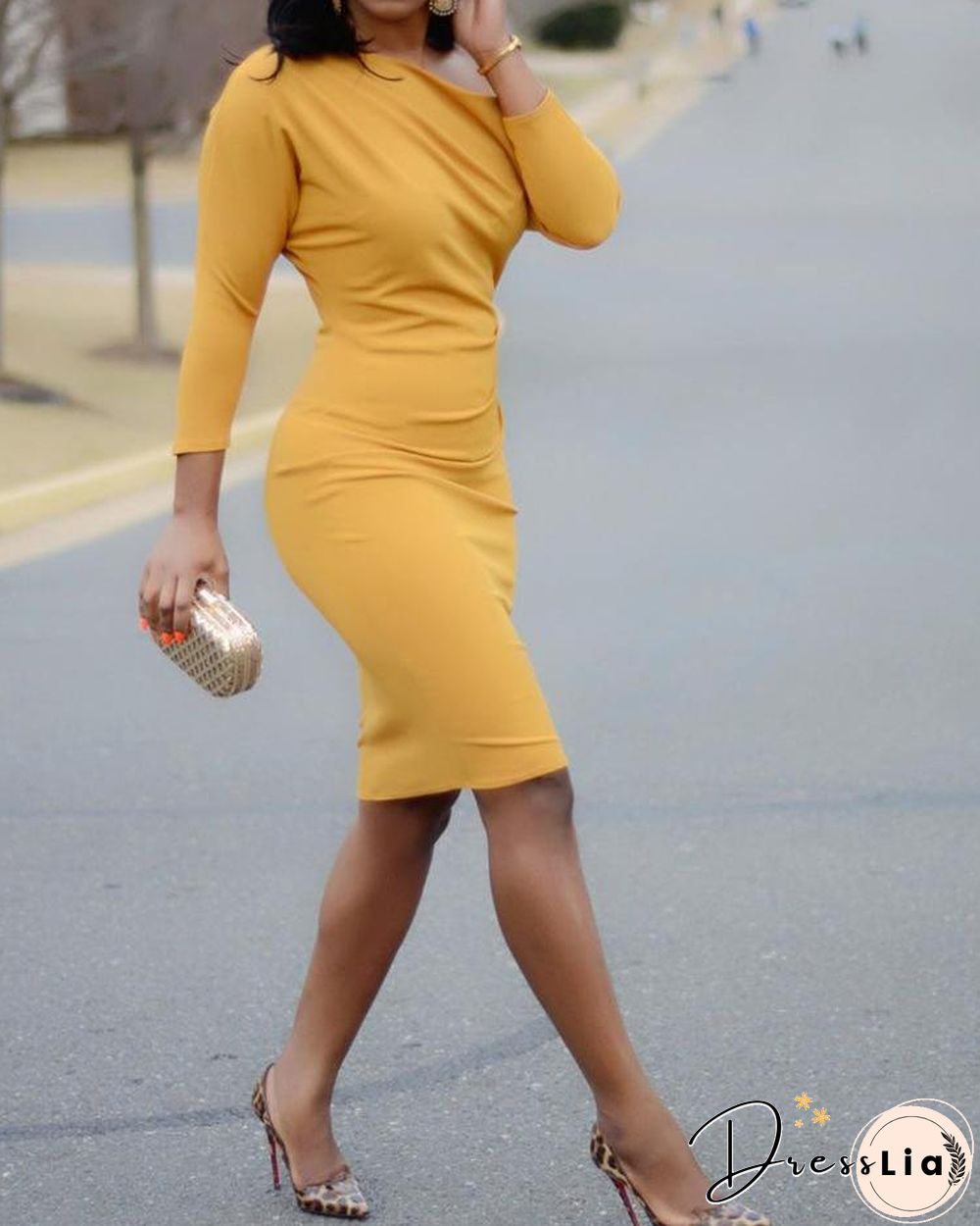 Solid Skew Neck Bodycon Dress