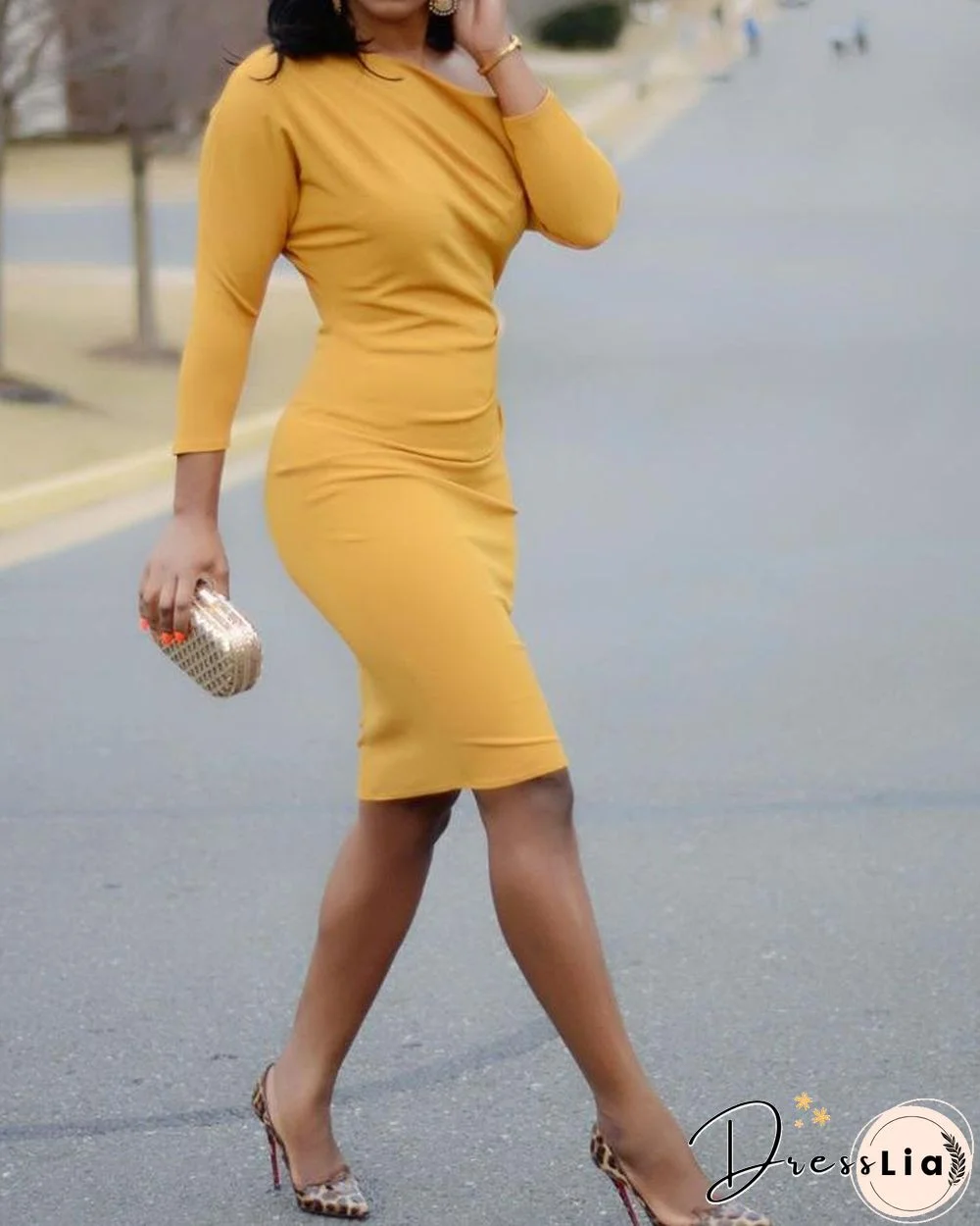 Solid Skew Neck Bodycon Dress