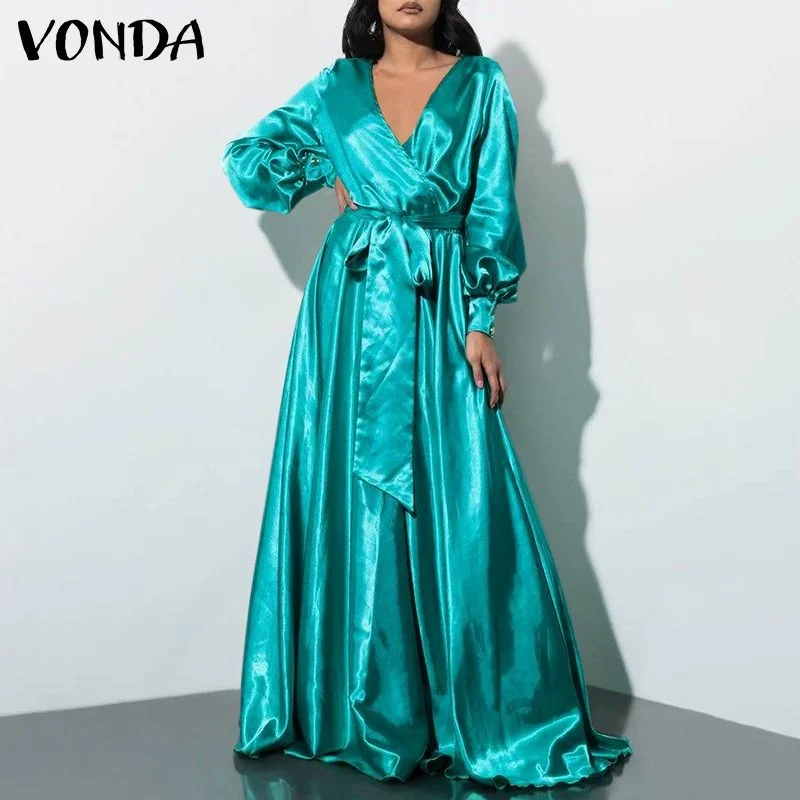 VONDA Fashion Satin Party Sundress 2022 Women Bohemian Summer Long Dress Sexy V Neck Female Solid Casual A-Line Maxi Robe Femme