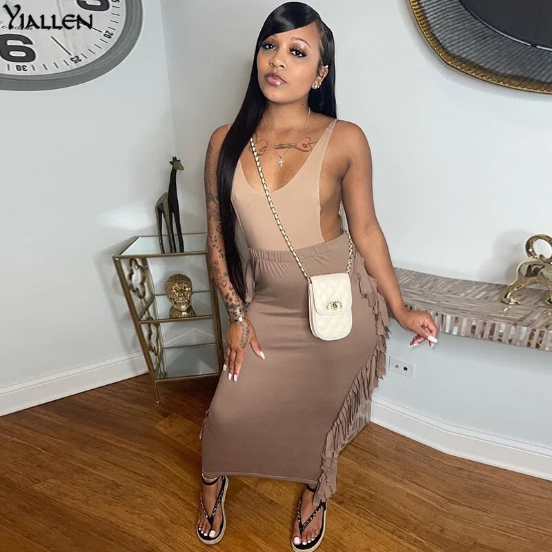 YiAllen Summer Fashion Side Tassel High Waist Long Skirts Women Skinny Stretch Bottoms Clothing Trend Wild Bottoms Streetwear