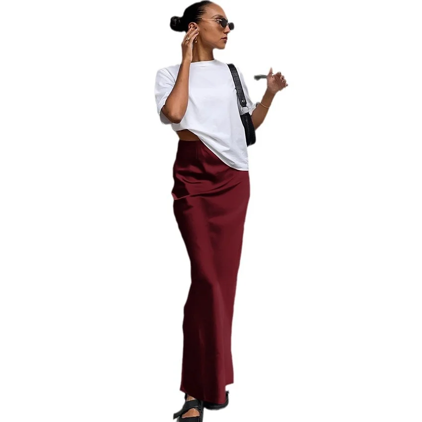 Uveng Uveng And Summer New Simulation Silk Skirt Satin Bread Hip Skirt Women Casual Color Tintail Skirt