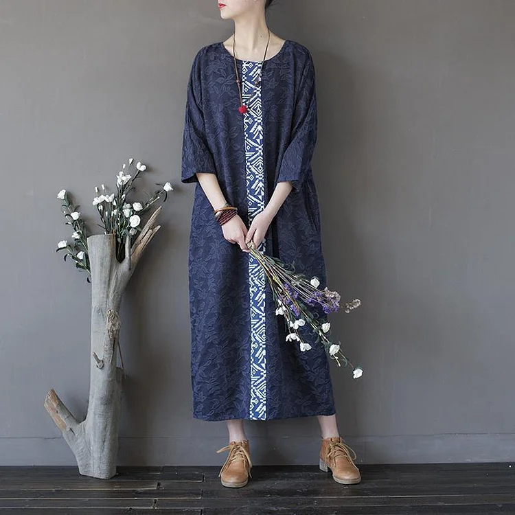 Unique jacquard cotton patchwork Tunics Runway navy  cotton robes Dresses