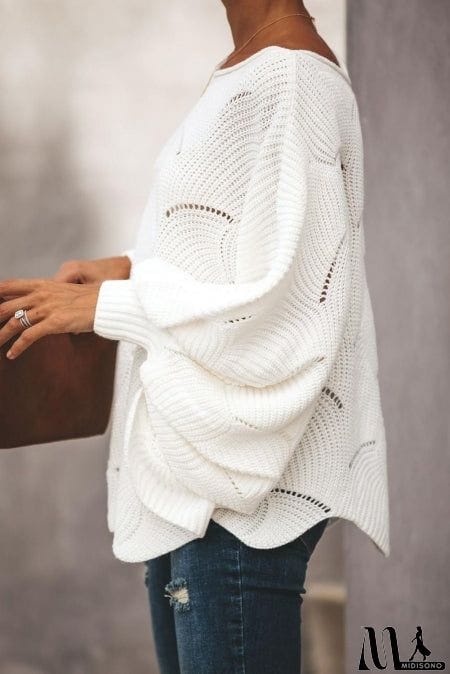 MidiSono - White Wave Hem Long Batwing Sleeve Hollow Out Elegant Sweater