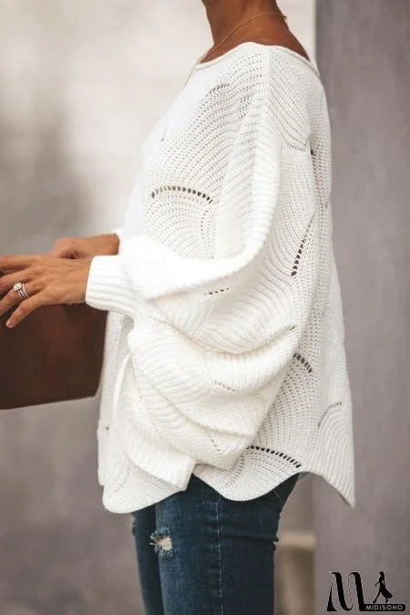 MidiSono - White Wave Hem Long Batwing Sleeve Hollow Out Elegant Sweater