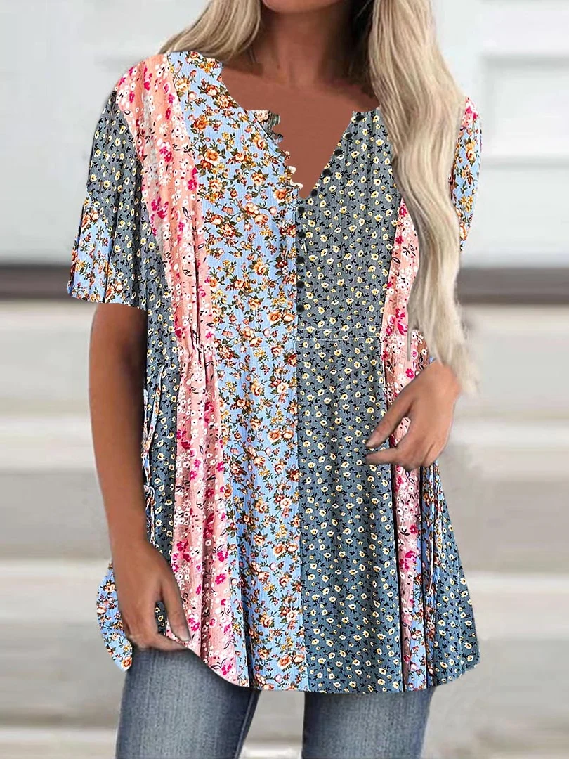 Women Half Sleeve V-neck Floral Printed Button Tops