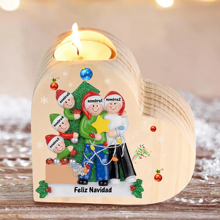 Navidad - Candelero con caja de corazón de madera familia personalizado con 5 nombres y 1 texto sin vela