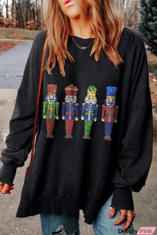 Sequin Nutcracker Long Sleeve Slit Sweatshirt