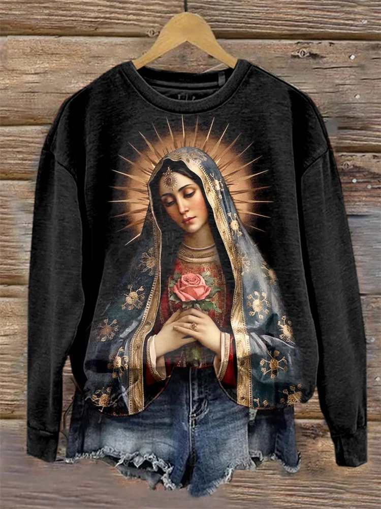 VChics Virgin Mary Art Painting Print Casual Cozy Vintage Sweatshirt