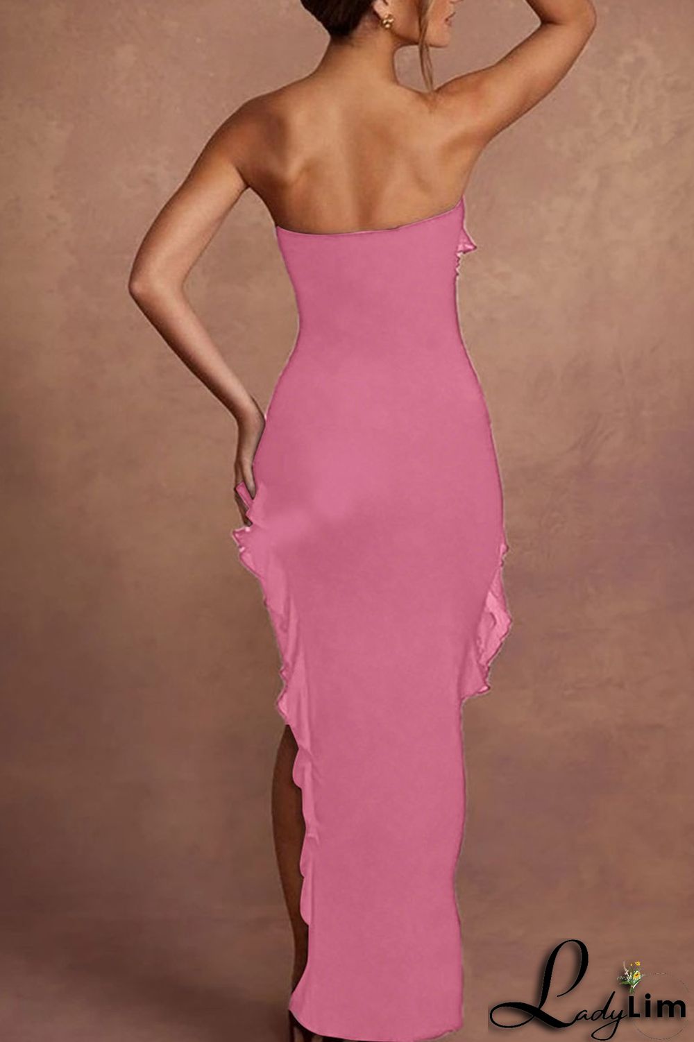 Pink Sexy Solid Patchwork Flounce Slit Asymmetrical Strapless Long Dress Dresses