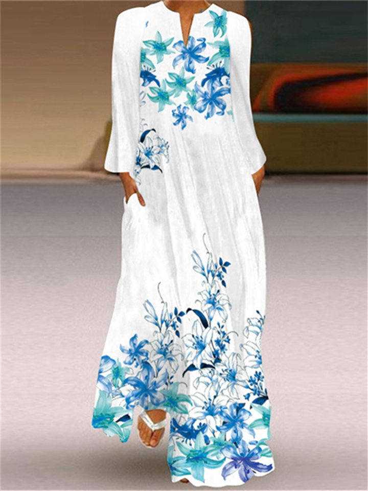 Spring and Autumn Print Floral V-neck Painted Loose Nine-quarter Sleeve Dresses Long Dresses Women's Irregular Dress