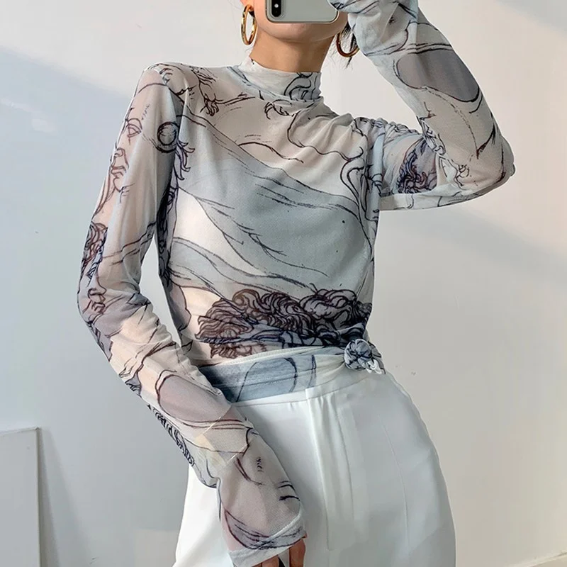 Cartoonh Print Mesh Blouse Women Shirts Turtleneck Long Sleeve See Through Sexy Top Ladies Sheer Designer Y2K Top Clothing Autumn