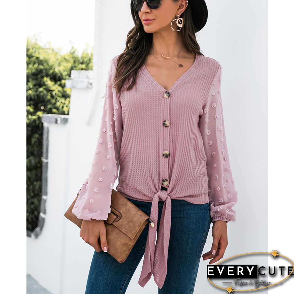 Pink Waffle Splice Swiss Dot Long Sleeve Blouse