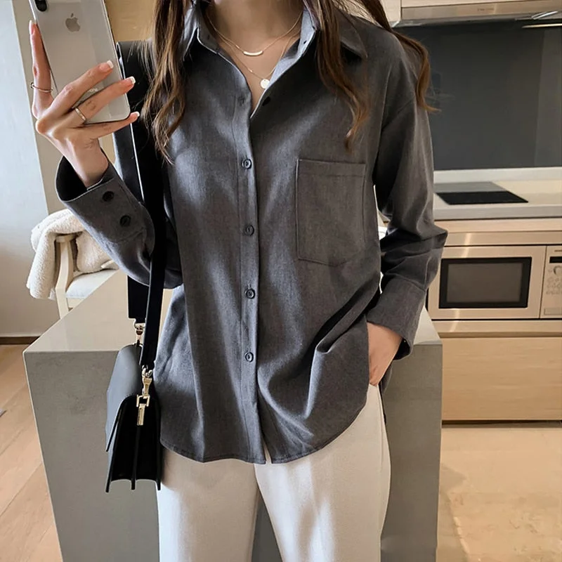 New Arrival Women Solid Gray Blouse Batwing  Long Sleeve Pockets Oversize Shirt Turn-Down Collar Top Blusa Femenina T99201F