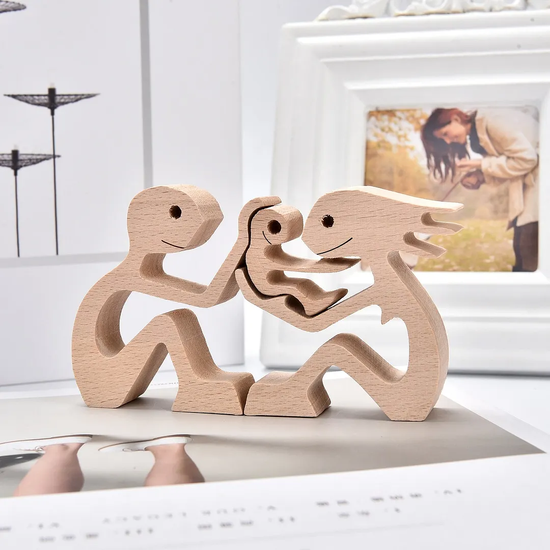 Family Puppy Wood Dog Craft Figurine Desktop Table Ornament Carving Model Creative Home Office Decoration Love Pet Dropshipping