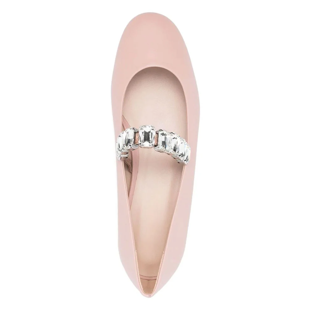 Women's Pink Mary Jane Round Toe Ballet Flats with Rhinestone Strap