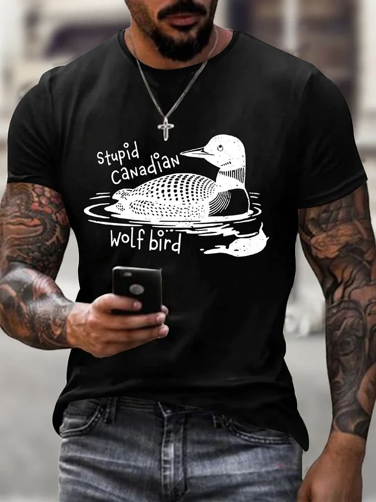 Men's Stupid Canadian Wolf Bird Print T-Shirt  socialshop