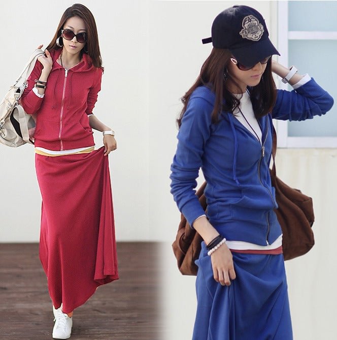 New Style Casual Slim Dress Hooded Large Sweater Two-piece Dress Suit