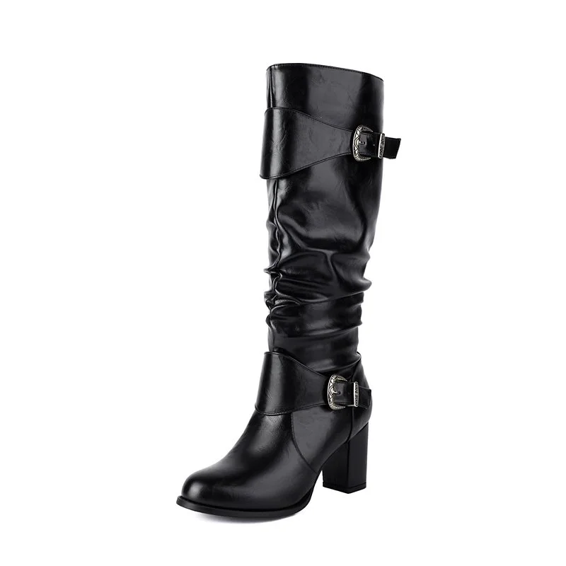 Women's 75mm High Heels Elegant Faux Leather Buckle Zipper High Knee Boots