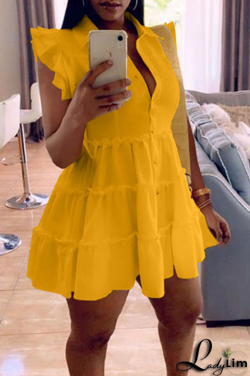 Black Casual Solid Split Joint Buckle Flounce Turndown Collar A Line Dresses