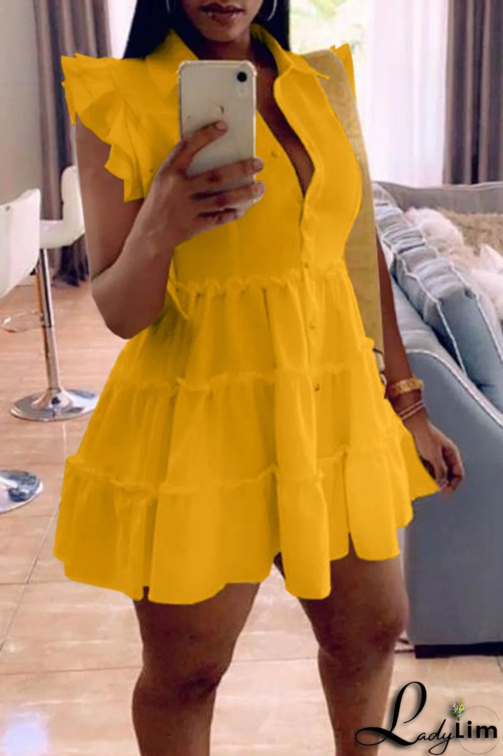 Black Casual Solid Split Joint Buckle Flounce Turndown Collar A Line Dresses