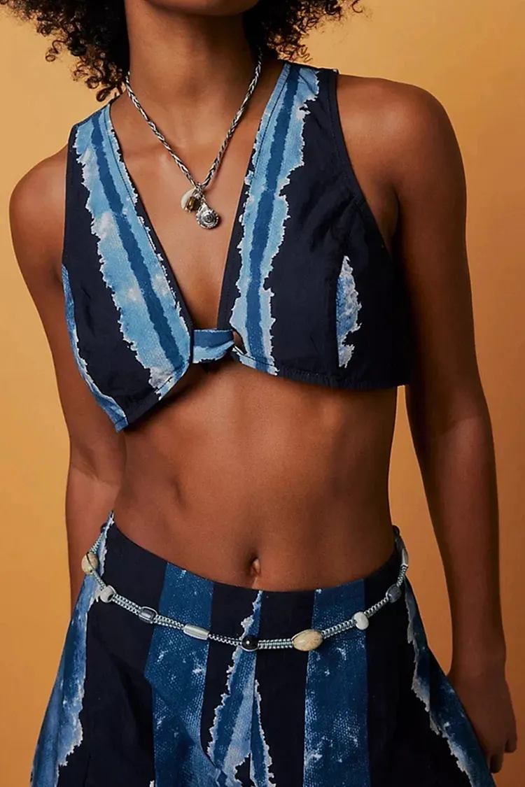 Women's Tie Dye Striped Sleeveless V Neck Knot Front Crop Bra Top Or High Waist Wide Leg Palazzo Pants