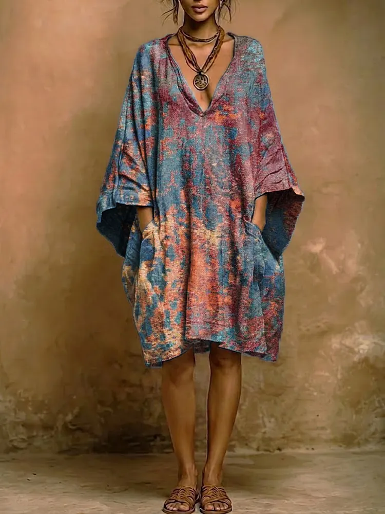 Bohemian-style Ombr&eacute; Art Print Cotton-linen Dress