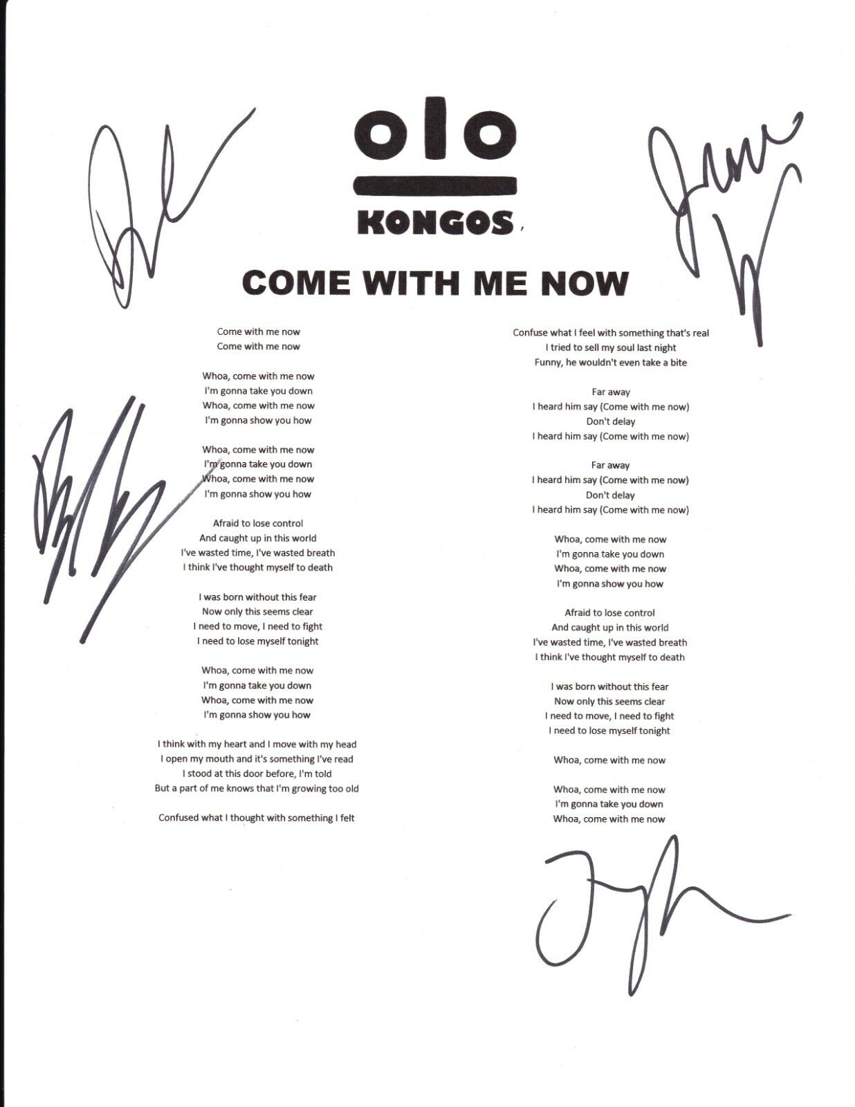 Kongos band REAL hand SIGNED Come With Me Now Lyric Sheet #1 COA Autographed