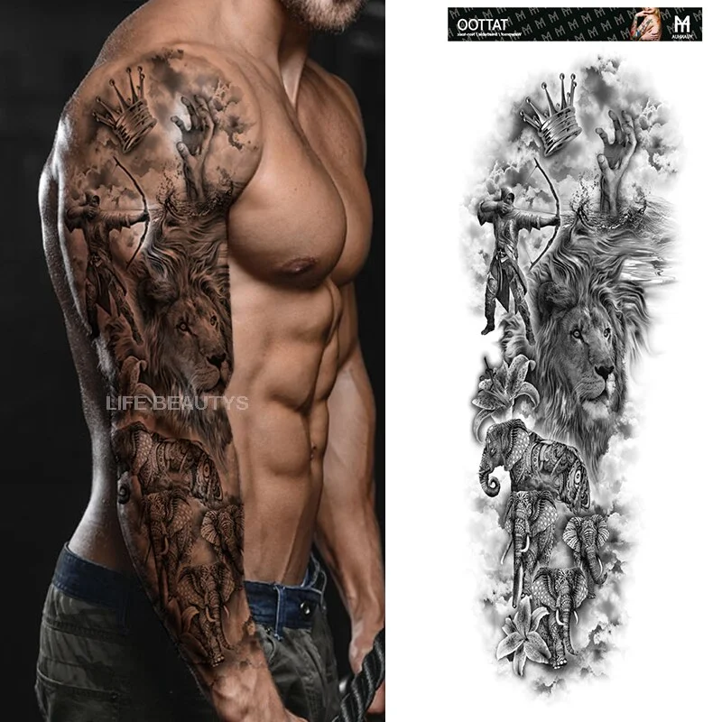 Sdrawing Temporary Full Arm Tattoos Man Women Cool Leg Art Tiger Wolf Black Sleeve Large Fake Sticker Glitter Multiple Style