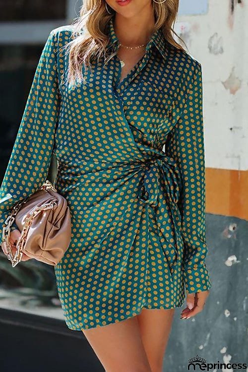Fashion Chic Polka-dot Printed  Lace Up Long Sleeve Slim Dress