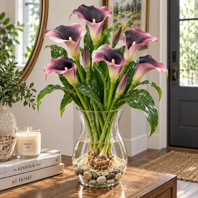 Multicolor calla lily flowers displayed in a glass vase