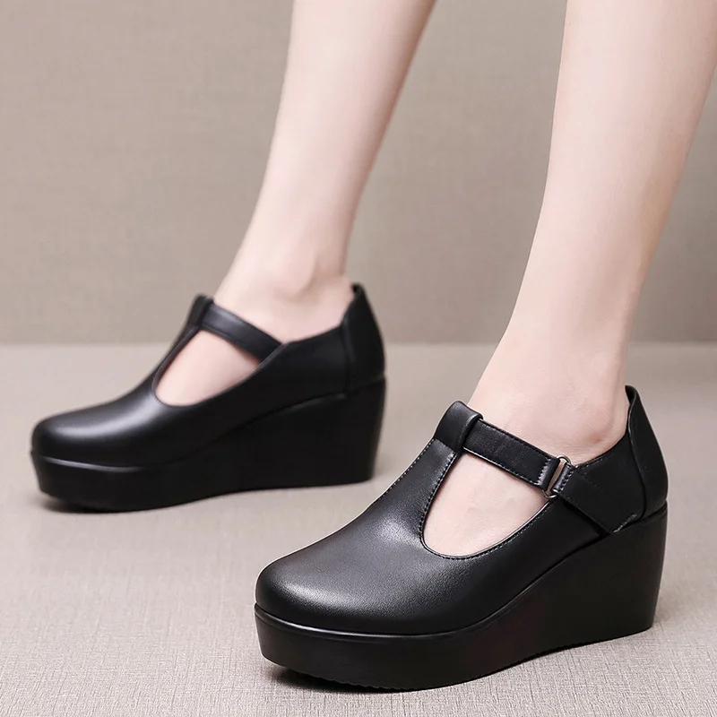 Breakj Breakj With Round Head Slope And Soft Soles Of Mother Leather Shoes Spring And Autumn Waterproof Table Thick-Soled Loose Cake Shallow Magic Stick Single Shoes Women