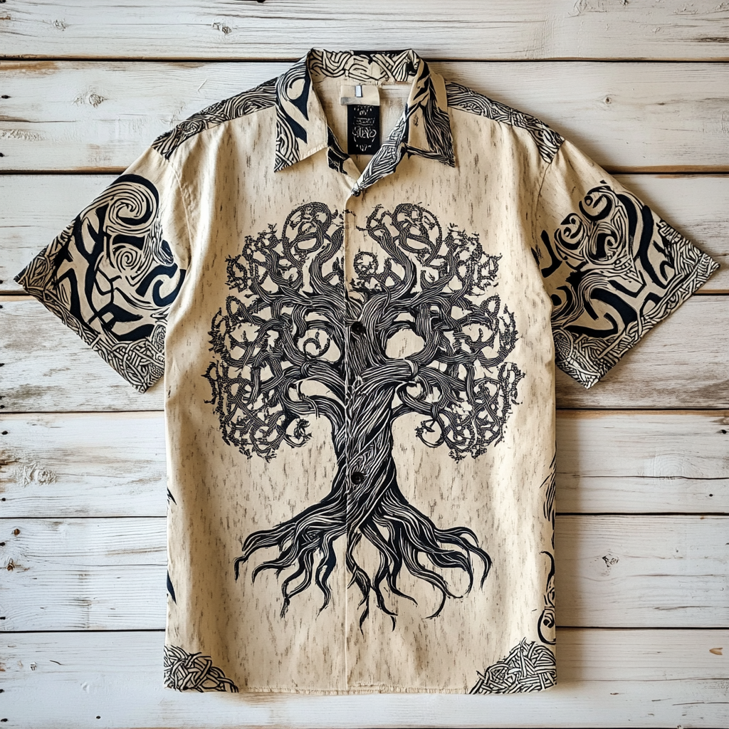 Viking Mythology Tree Of Life Retro Art Men's Hawaiin Linen Shirt / Rvogue / Rvogue