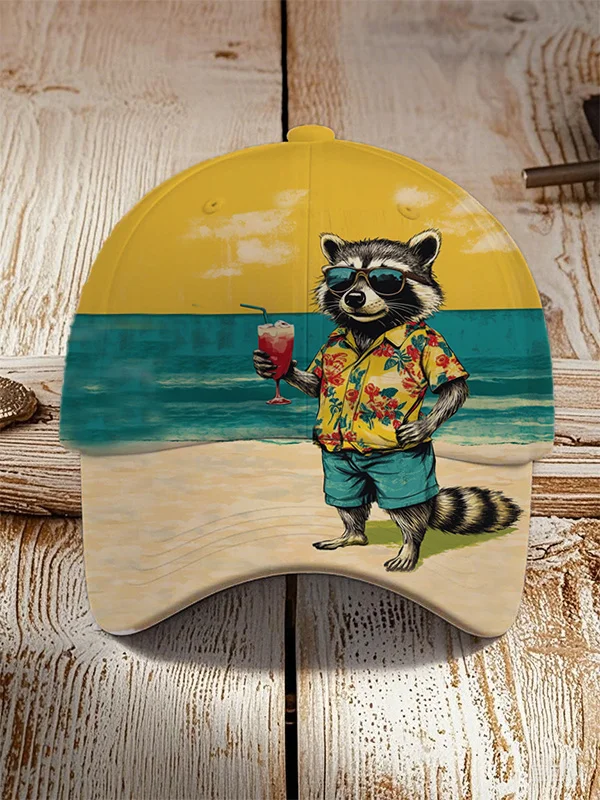 Men's Seaside Raccoon Cocktail Print Casual Baseball Cap