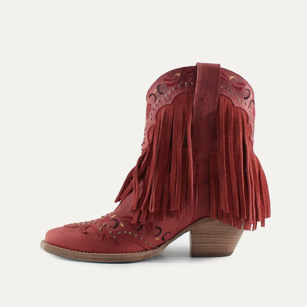 Red Snip Toe Fringe Chunky Heel Embroidered Cowgirl Boots with Studs