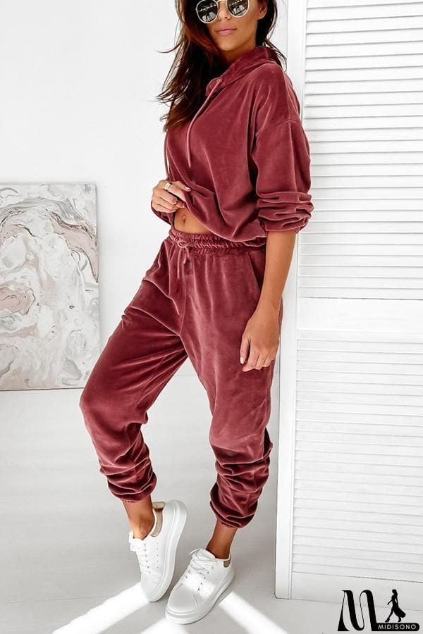 MidiSono - Velvet Drawstring Hooded Joggrt Set