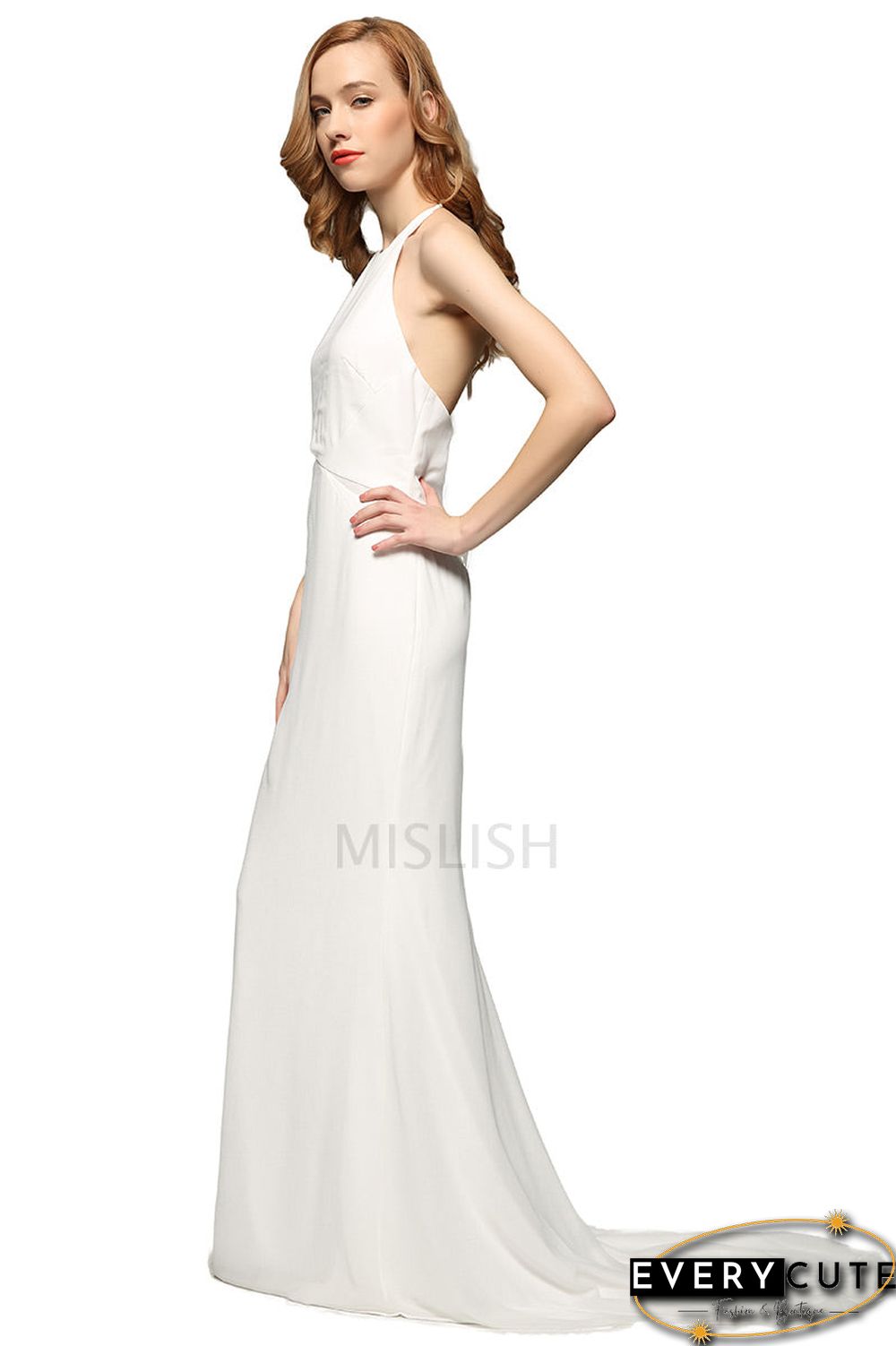 Rita Ora Inspired White Halter Evening Party Dress