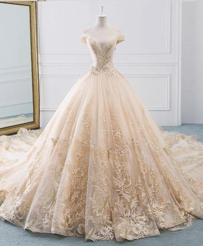 Unique Champagne Tulle Lace Long Wedding Dress, Bridal Gown