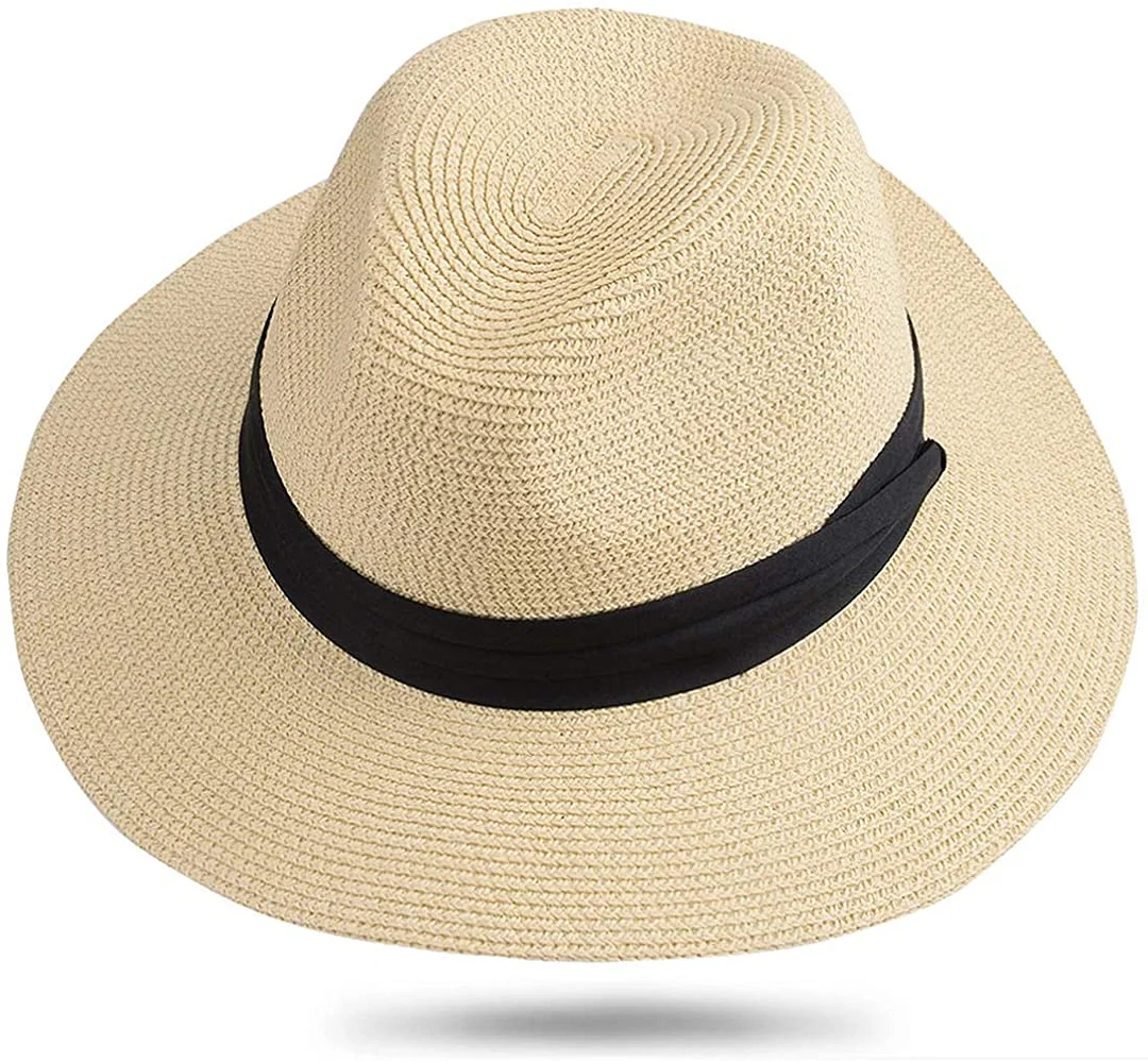 Womens Straw Panama Hat, Wide Brim Beach Sun Hats Summer Foldable Travel Sunhat UPF50