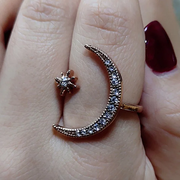 New crescent tooth star moon ring plated with creative exaggerated opening engagement ring_ viptrois