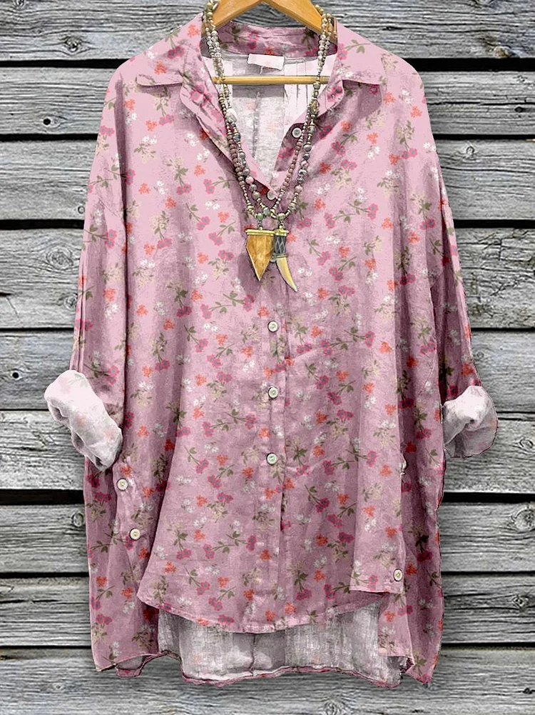 Women's Pink Floral Flowers Spring Print Casual Cotton And Linen Shirt