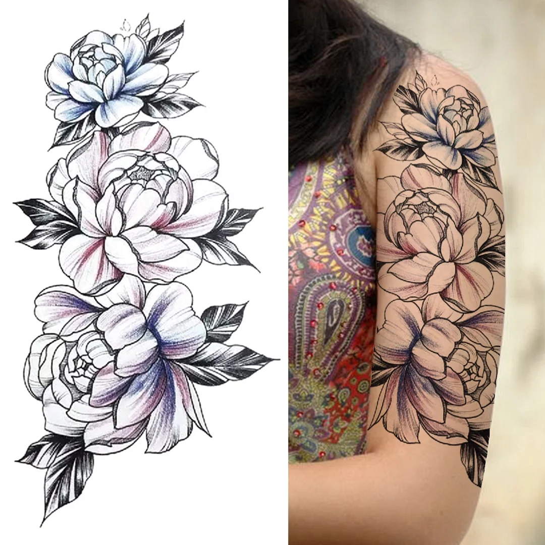 Realistic Fake Peony Temporary Tattoos For Women Girl Black Rose Elephant Flower Tattoo Sticker Tiger Anemone Tatoos Half Sleeve 530-1
